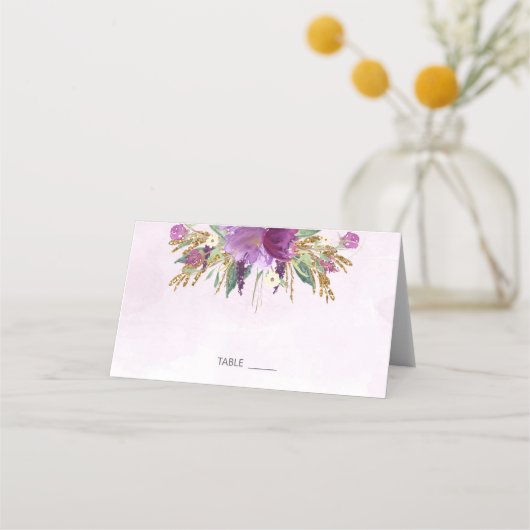 金ゴールドと紫ラベンダー結婚ズ プレイスカード (正面)