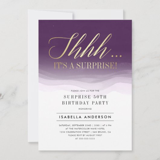 金ゴールドと紫王室の水色サプライズ誕生日 招待状 (正面)