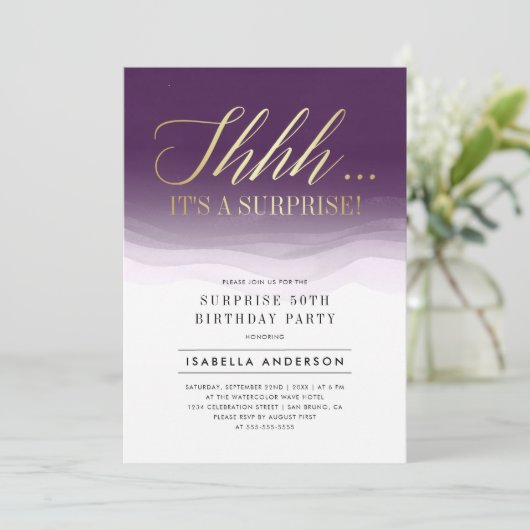 金ゴールドと紫王室の水色サプライズ誕生日 招待状 (スタンド正面)