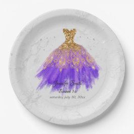 金ゴールドと紫色のドレスグリッターsweet sixteen ペーパープレート