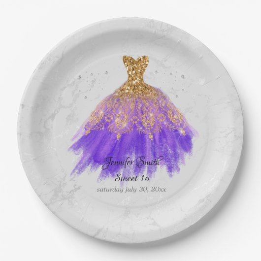 金ゴールドと紫色のドレスグリッターsweet sixteen ペーパープレート (正面)