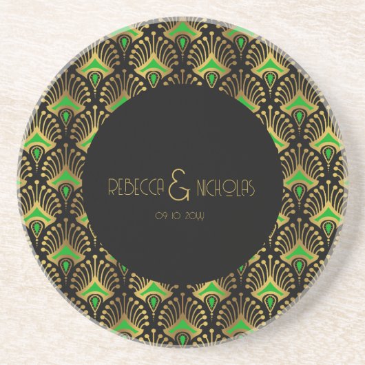 金ゴールドと緑のアールデコパターン コースター (正面)