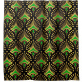 金ゴールドと緑のアールデコパターン シャワーカーテン (正面)