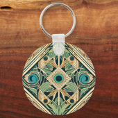 金ゴールドと緑のクジャク抽象芸術の羽のテクスチャ キーホルダー (裏面)