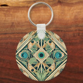 金ゴールドと緑のクジャク抽象芸術の羽のテクスチャ キーホルダー (正面)