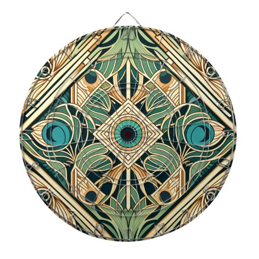 金ゴールドと緑のクジャク抽象芸術の羽のテクスチャ ダーツボード (正面)