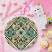 金ゴールドと緑のクジャク抽象芸術の羽のテクスチャ ペーパープレート (パーティー)