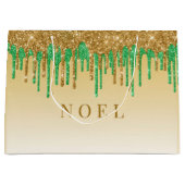 金ゴールドと緑のグリッター乾燥 ラージペーパーバッグ (正面)