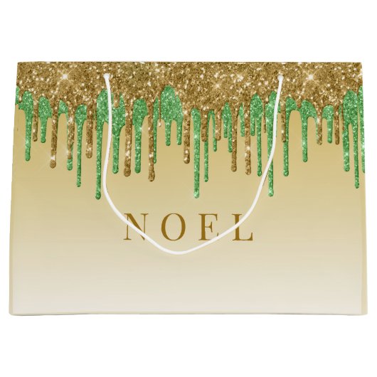 金ゴールドと緑のグリッター乾燥 ラージペーパーバッグ (正面)