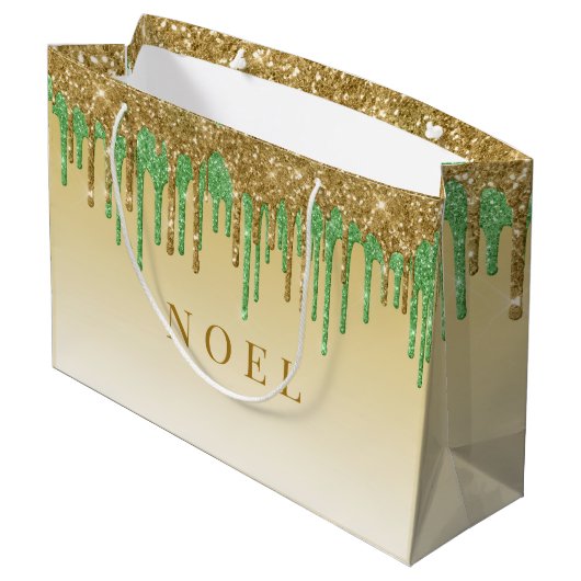 金ゴールドと緑のグリッター乾燥 ラージペーパーバッグ (裏面アングル)