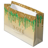 金ゴールドと緑のグリッター乾燥 ラージペーパーバッグ (正面アングル)