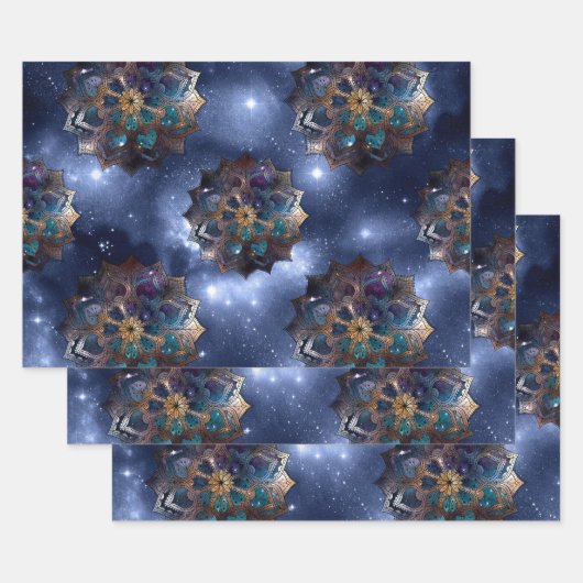 金ゴールドと緑のマンダラの暗い空 ラッピングペーパーシート (セット)