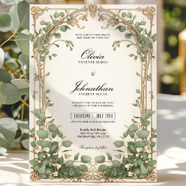 金ゴールドと緑のユーカリの緑の結婚式の招待 招待状