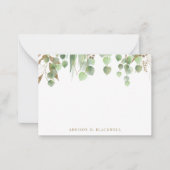 金ゴールドと緑のユーカリ葉プの名前 ノートカード (正面)