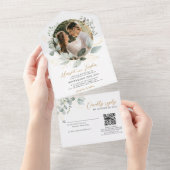 金ゴールドと緑のユーカリQRコードフォト結婚ズ オールインワン招待状 (貼ってはがせる)