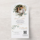 金ゴールドと緑のユーカリQRコードフォト結婚ズ オールインワン招待状 (内側)