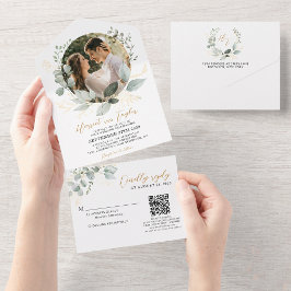 金ゴールドと緑のユーカリQRコードフォト結婚ズ オールインワン招待状