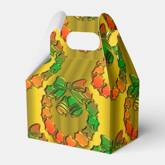 金ゴールドと緑の光沢のあるクリスマスリース フェイバーボックス (正面サイド)