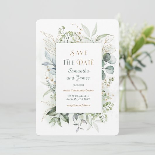 金ゴールドと緑の日付テンプレートの保存 招待状 (スタンド正面)