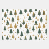 金ゴールドと緑の松の木のクリスマス ラッピングペーパーシート (正面)