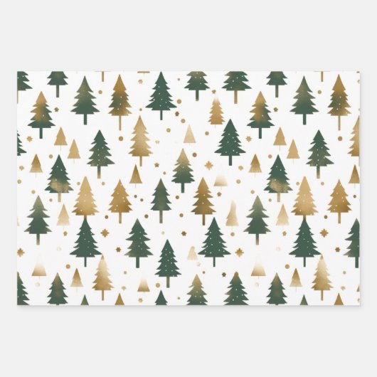 金ゴールドと緑の松の木のクリスマス ラッピングペーパーシート (正面)