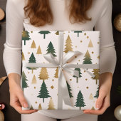 金ゴールドと緑の松の木のクリスマス ラッピングペーパー