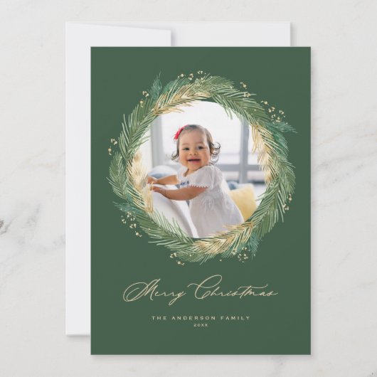 金ゴールドと緑の松の針リースクリスマスフォト シーズンカード (正面)