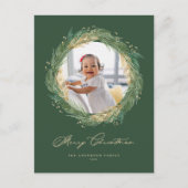 金ゴールドと緑の松の針リースクリスマスフォト シーズンポストカード (正面)