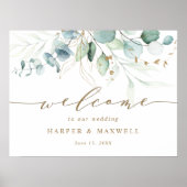 金ゴールドと緑の植物学結婚の歓迎サイン ポスター (正面)