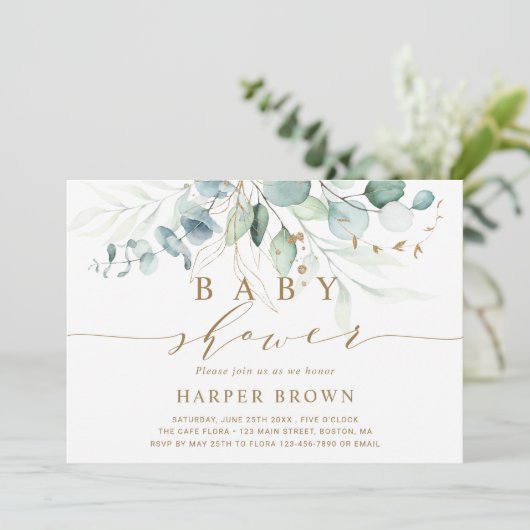 金ゴールドと緑の植物性のブライダルシャワーの招待 招待状 (スタンド正面)