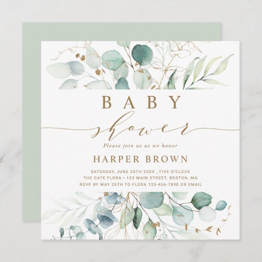 金ゴールドと緑の植物性の赤ちゃんシャワー広場 招待状 (正面/裏面)