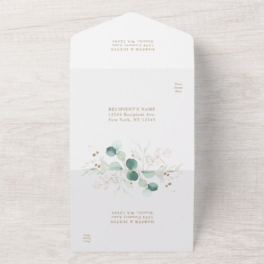 金ゴールドと緑の水色の植物結婚の全てのイン オールインワン招待状 (外側)