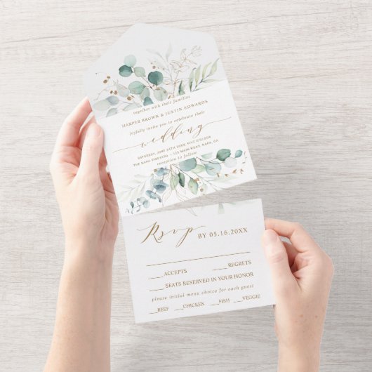 金ゴールドと緑の水色の植物結婚の全てのイン オールインワン招待状 (貼ってはがせる)