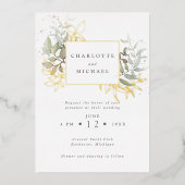 金ゴールドと緑の水色の葉結婚の色 箔招待状 (正面)