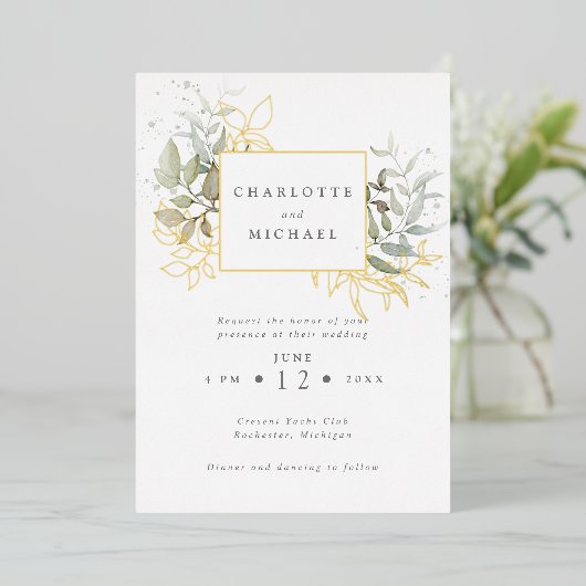 金ゴールドと緑の水色の葉結婚の色 箔招待状 (立ち正面)