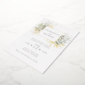 金ゴールドと緑の水色の葉結婚の色 箔招待状 (回転した状態)