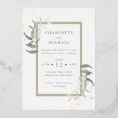 金ゴールドと緑の水葉色の結婚箔inv 箔招待状 (正面)