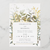 金ゴールドと緑の水離れ色結婚の 箔招待状 (正面)
