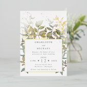 金ゴールドと緑の水離れ色結婚の 箔招待状 (立ち正面)