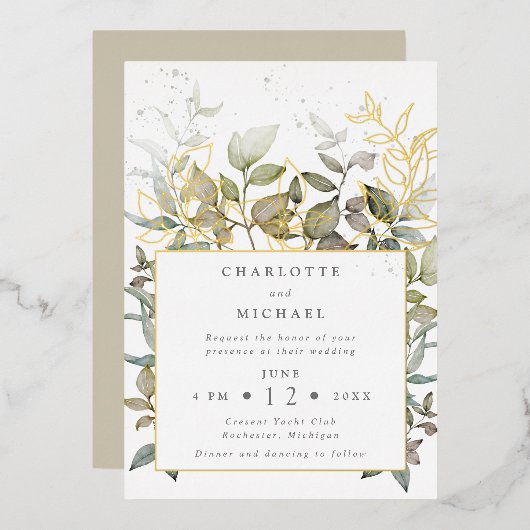 金ゴールドと緑の水離れ色結婚の 箔招待状 (正面/裏面)