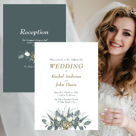 金ゴールドと緑の結婚式招待状ホワイトチューリップ 招待状