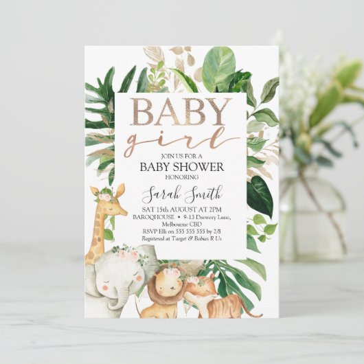 金ゴールドと緑の葉の女の子サファリ赤ちゃんシャワー 招待状 (スタンド正面)