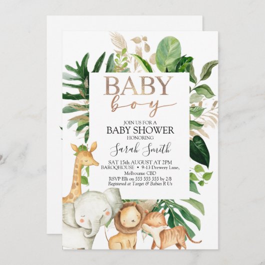 金ゴールドと緑の葉の男の子サファリベイビーシャワー 招待状 (正面/裏面)