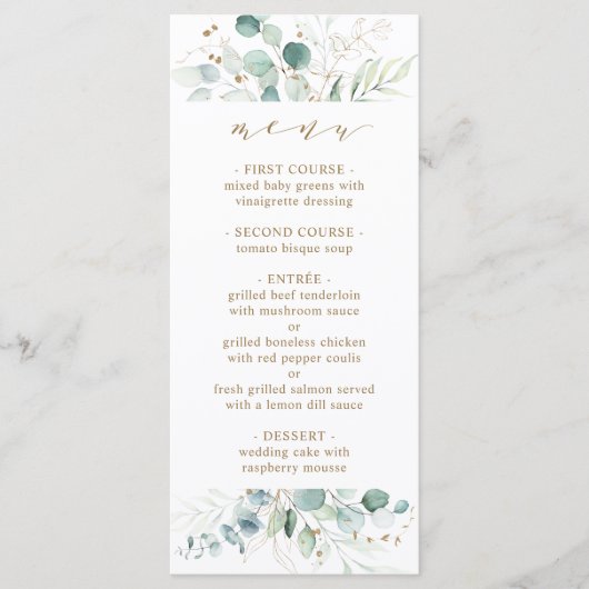 金ゴールドと緑エレガント植物学のメ結婚ニュー メニュー (正面)