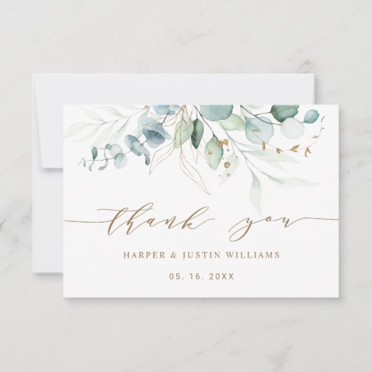 金ゴールドと緑エレガント植物学結婚の感謝 サンキューカード (正面)
