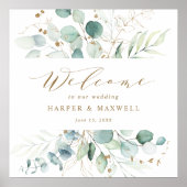 金ゴールドと緑エレガント植物学結婚の歓迎 ポスター (正面)