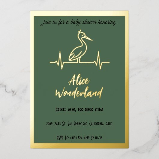 金ゴールドと緑モダンの赤ちゃんシャワーでコウノトリ 箔招待状 (正面)