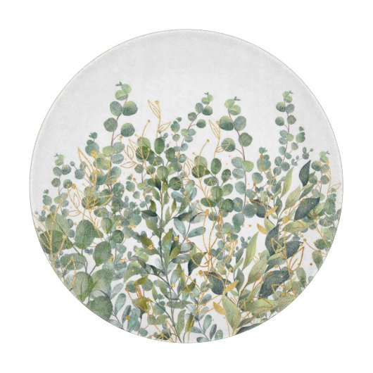 金ゴールドと緑植物ユーカリ葉 カッティングボード (正面)