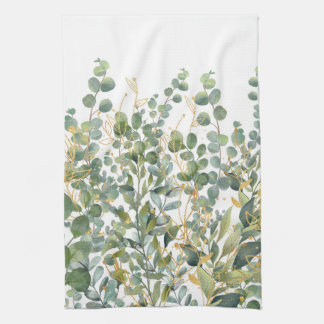 金ゴールドと緑植物ユーカリ葉 キッチンタオル