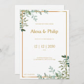 金ゴールドと緑結婚の葉 招待状 (正面/裏面)